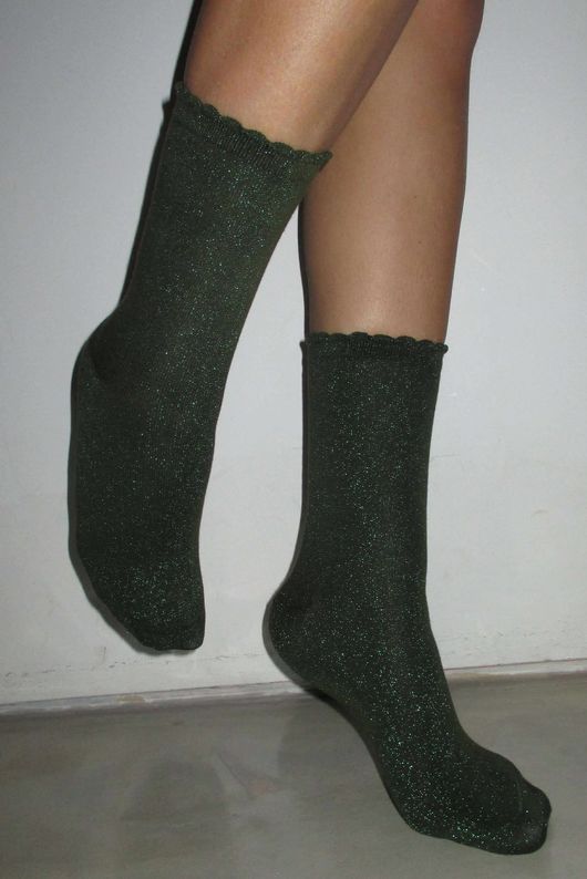 Scalloped Glitter Socks Olive
